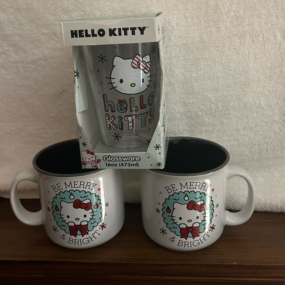 Hello Kitty Sanrio Christmas Tree 16z glass cup and 2 Merry and bright mugs